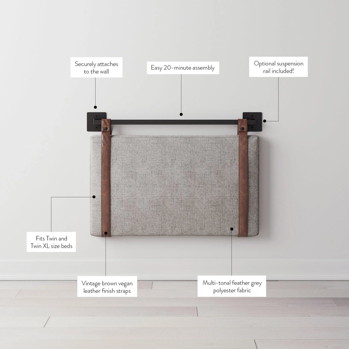 Wall Mount Upholstered Headboard with Metal Rail - Modern Bedroom Headboard