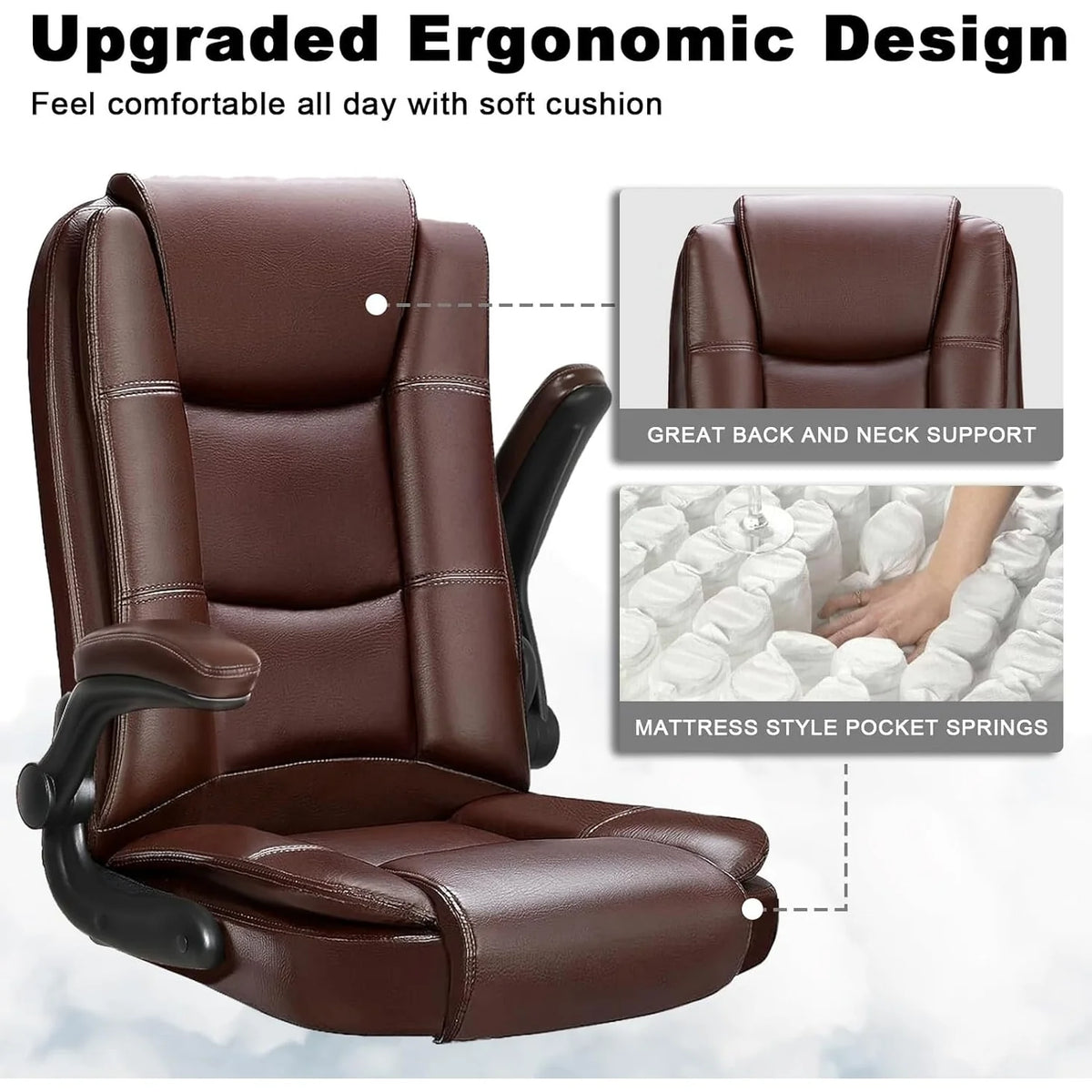 Big and Tall Ergonomic Office Chair, High Back Leather Executive Computer Chair with Padded Flip-Up Arms