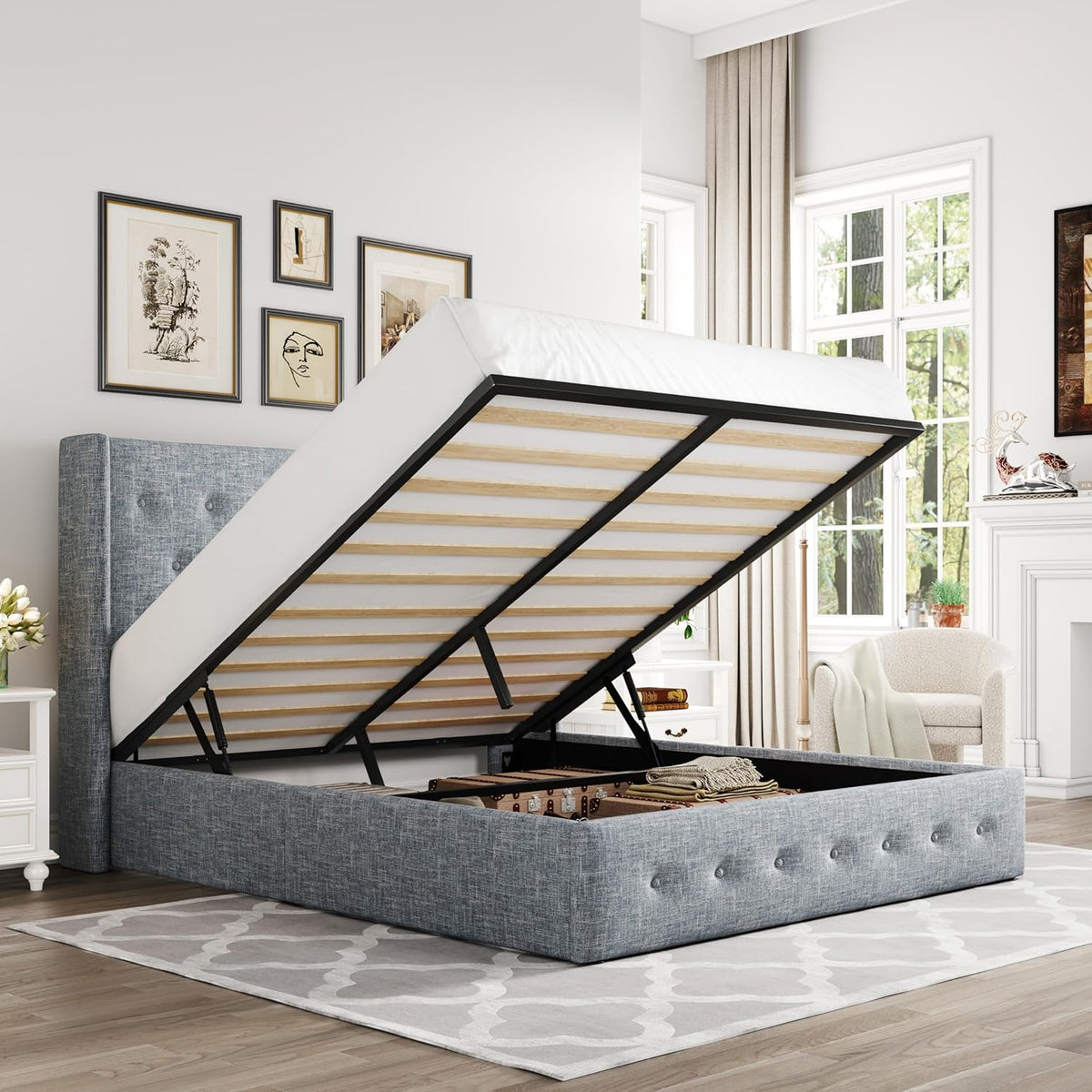 Queen Size Lift Up Storage Bed with Wingback Headboard, Upholstered Platform Bed Frame with Hidden Storage