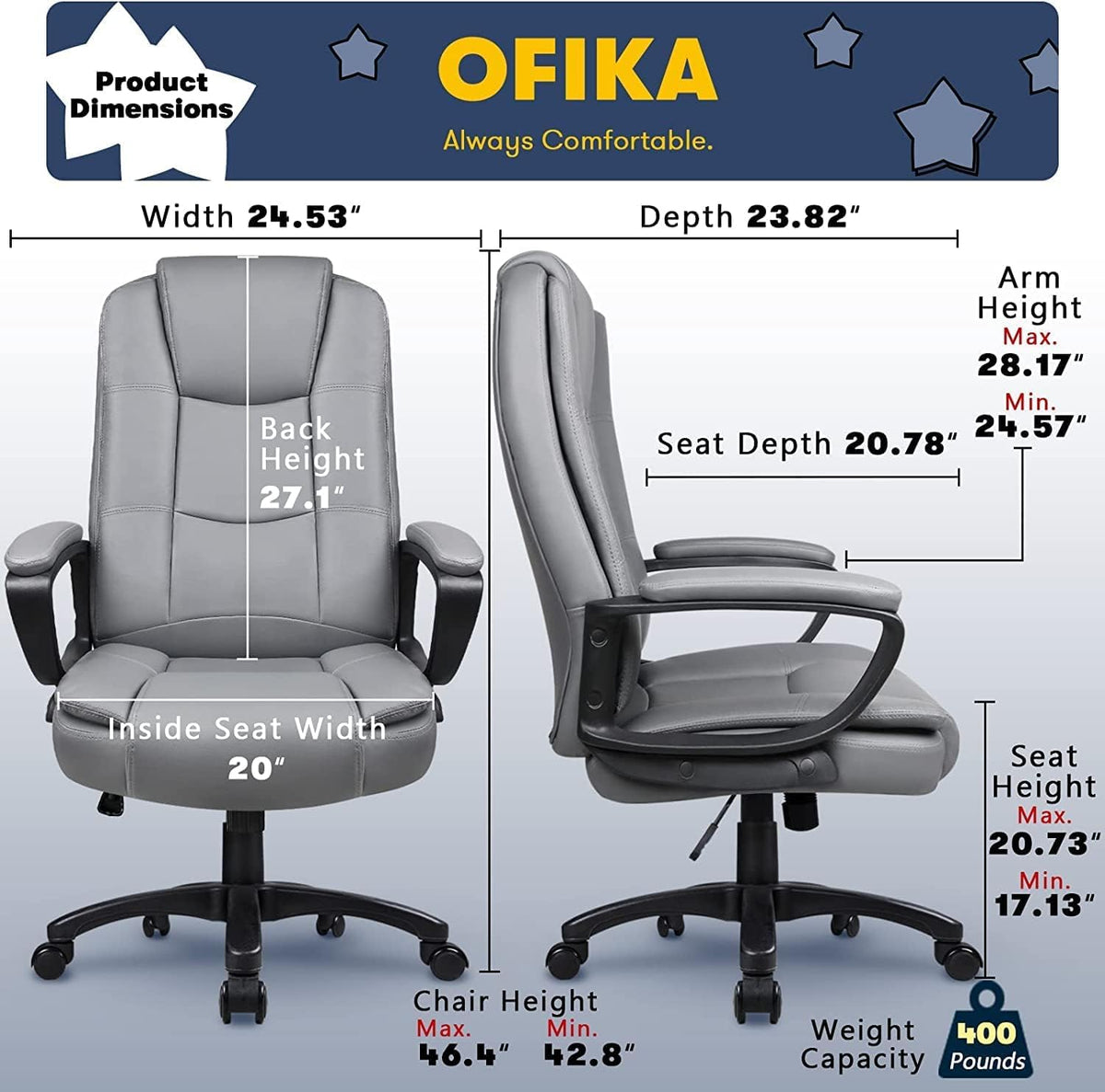400 LBS Big and Tall Office Chair, Heavy Duty Ergonomic Computer Desk Chair for Home Office and Workspace