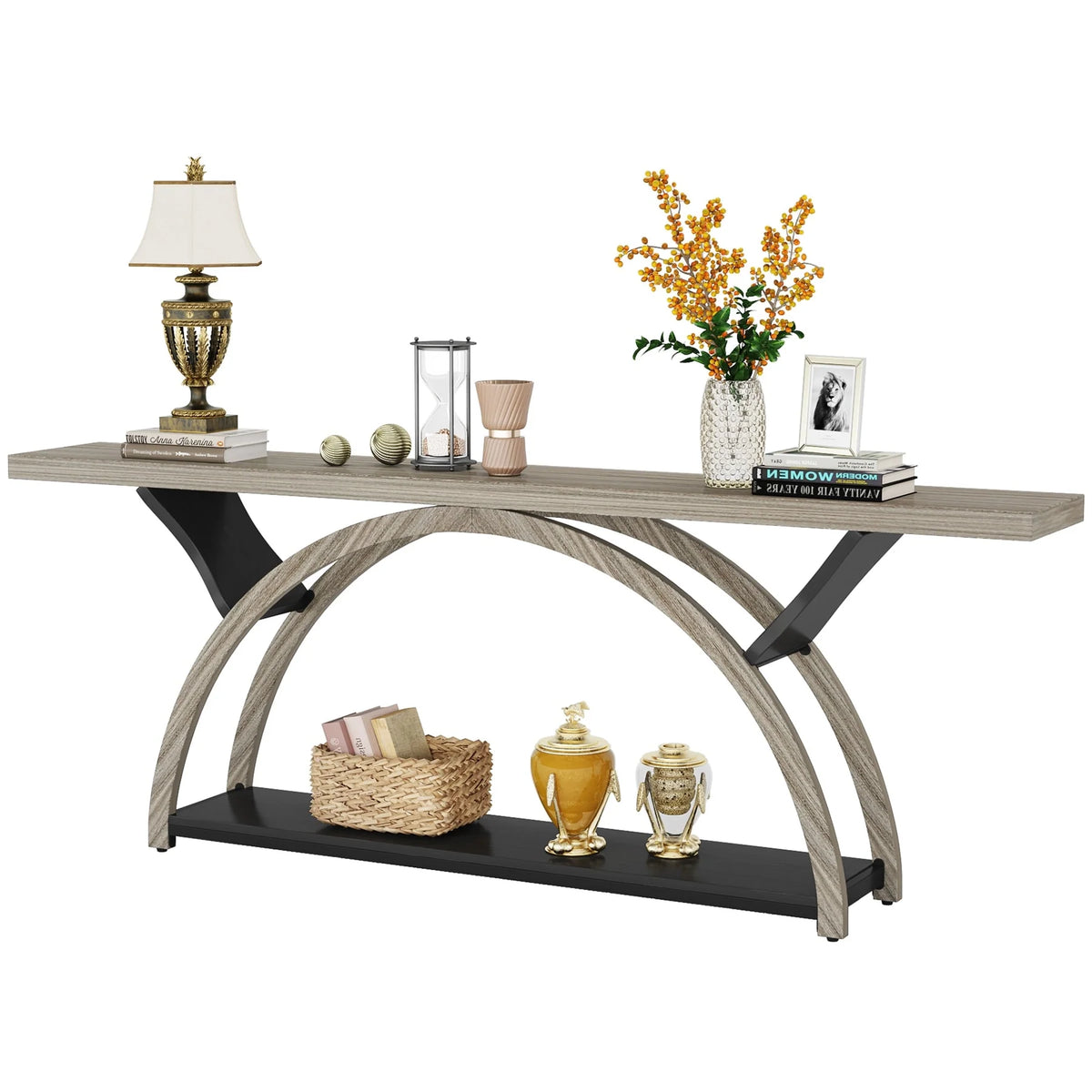 Gray 2-Tier Slim Console Sofa Table, Semi-Circular Metal Frame for Hallway