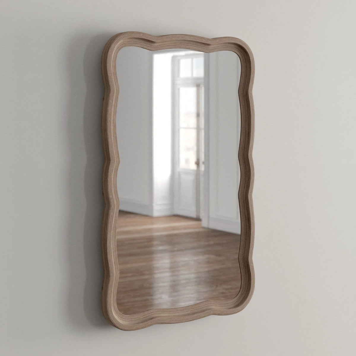 Curved Scallop Wood Frame Accent Mirror, Modern Decorative Wall Mirror for Living Room, Bedroom and Entryway