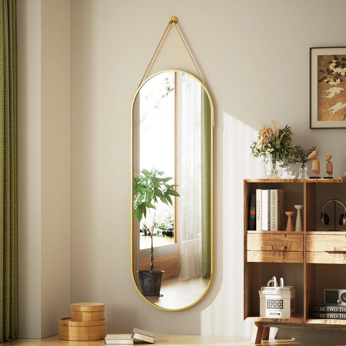 48 x 16 Inch Full Length Wall Mirror with Leather Strap, Hanging Full Body Mirror for Bedroom, Entryway and Home Decor