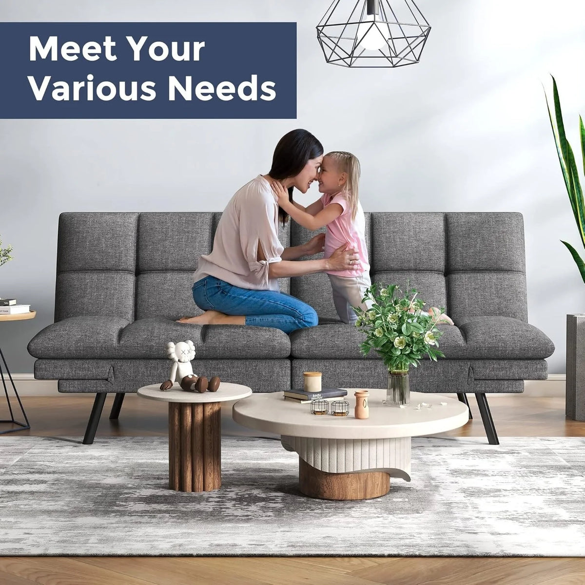 Convertible Futon Sofa Bed with Memory Foam, Foldable Loveseat Sleeper with Adjustable Armrests