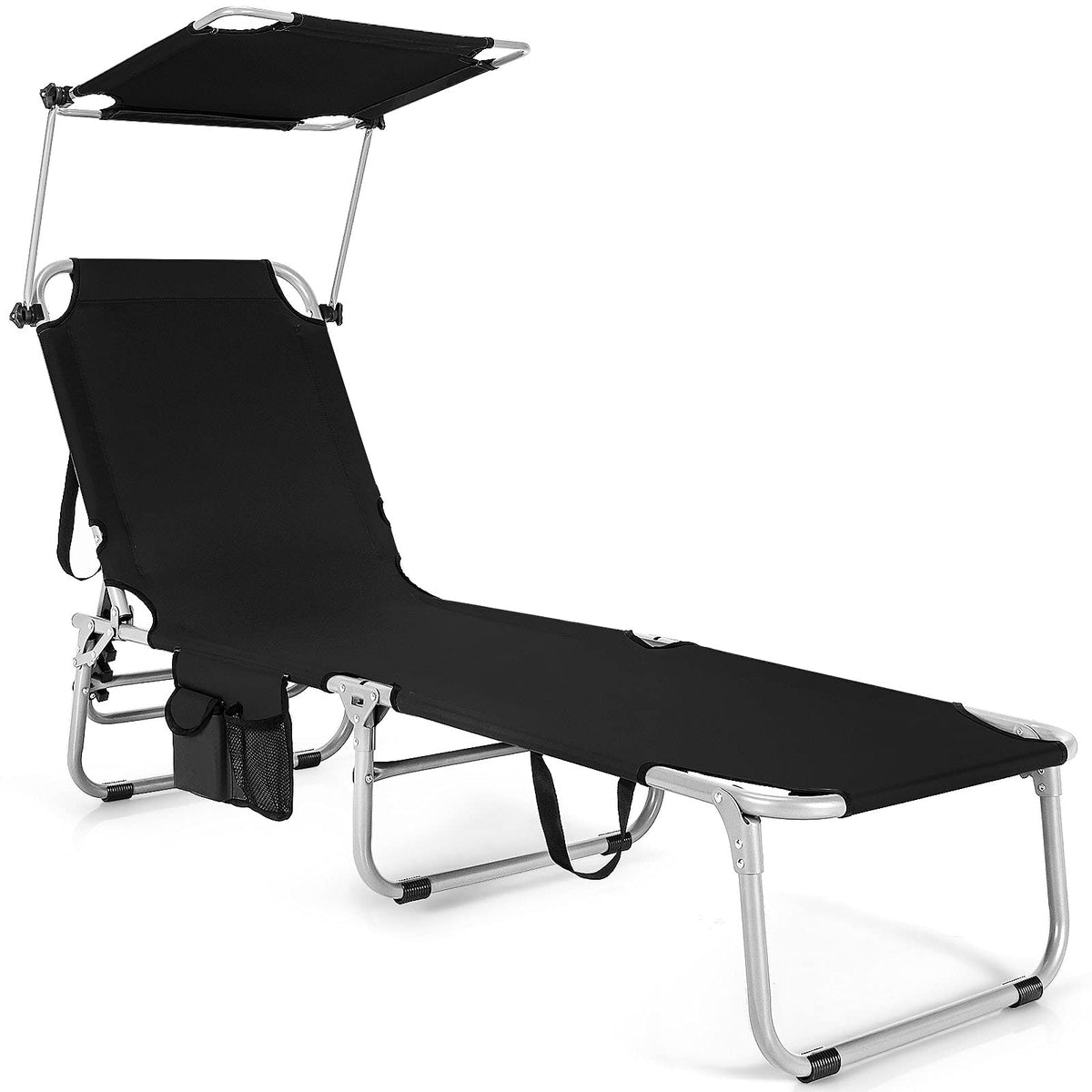 Folding Lounge Chair with Canopy �� Shade Chair with Storage Pocket
