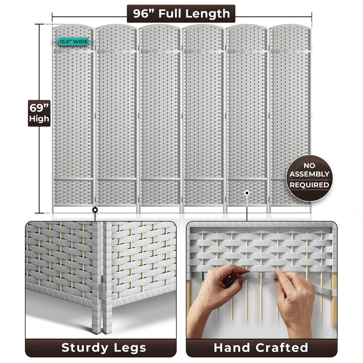 6 Panel Room Divider, 6ft Tall Extra Wide Folding Privacy Screen with Hand-Woven Mesh Panels