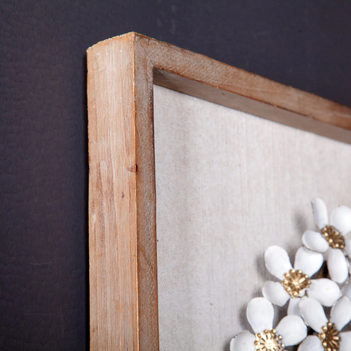 Set of 2 White and Gold Metal Flower Wall Decor with Wood Frames, Decorative Floral Wall Art