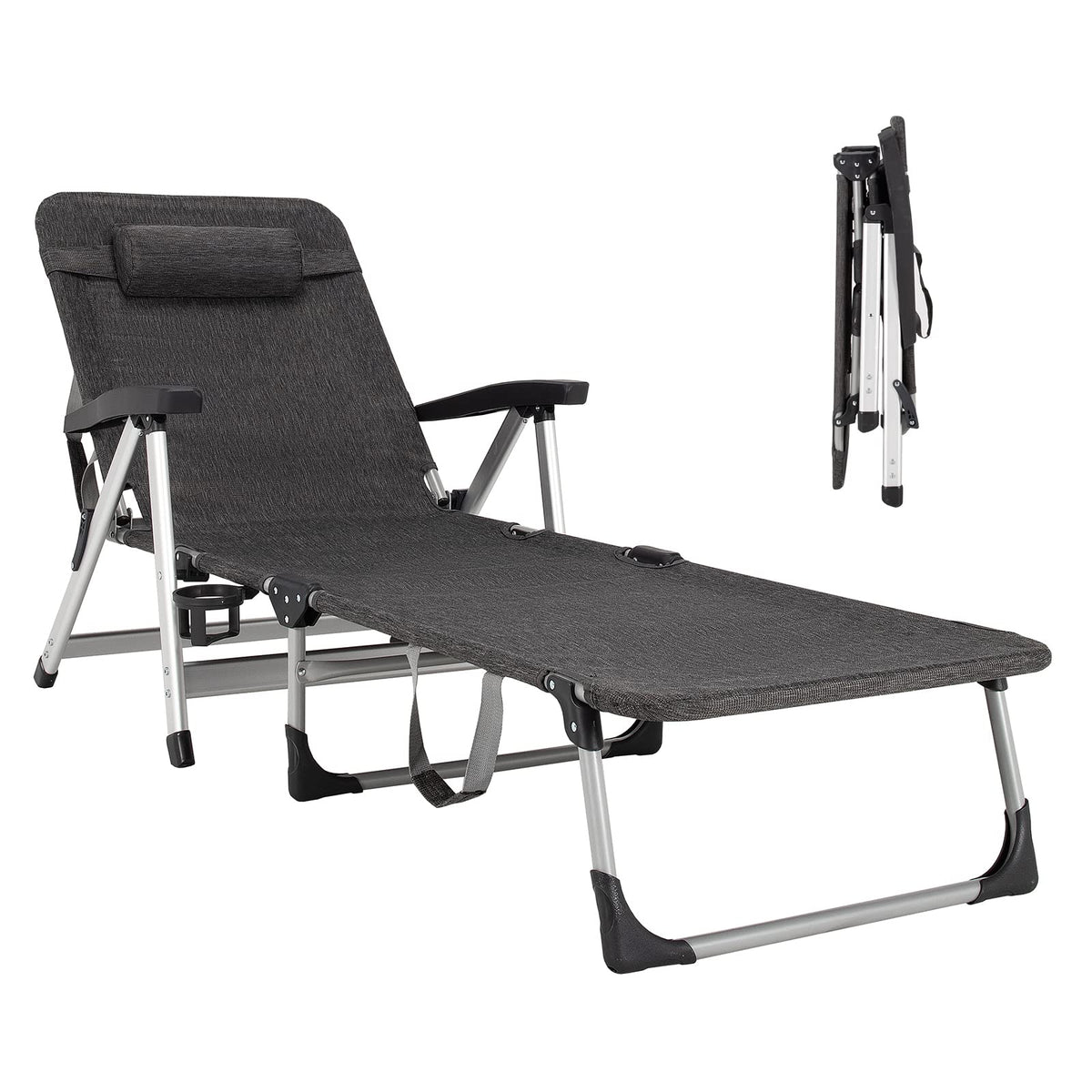 Folding Outdoor Chaise Lounge Chair with Cup Holder and Detachable Headrest
