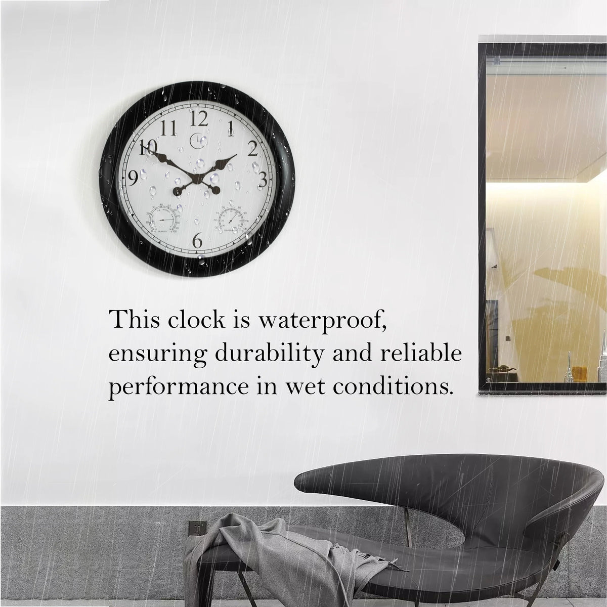 Large Outdoor Wall Clock with Thermometer, Waterproof Silent Garden Weather Station, Black