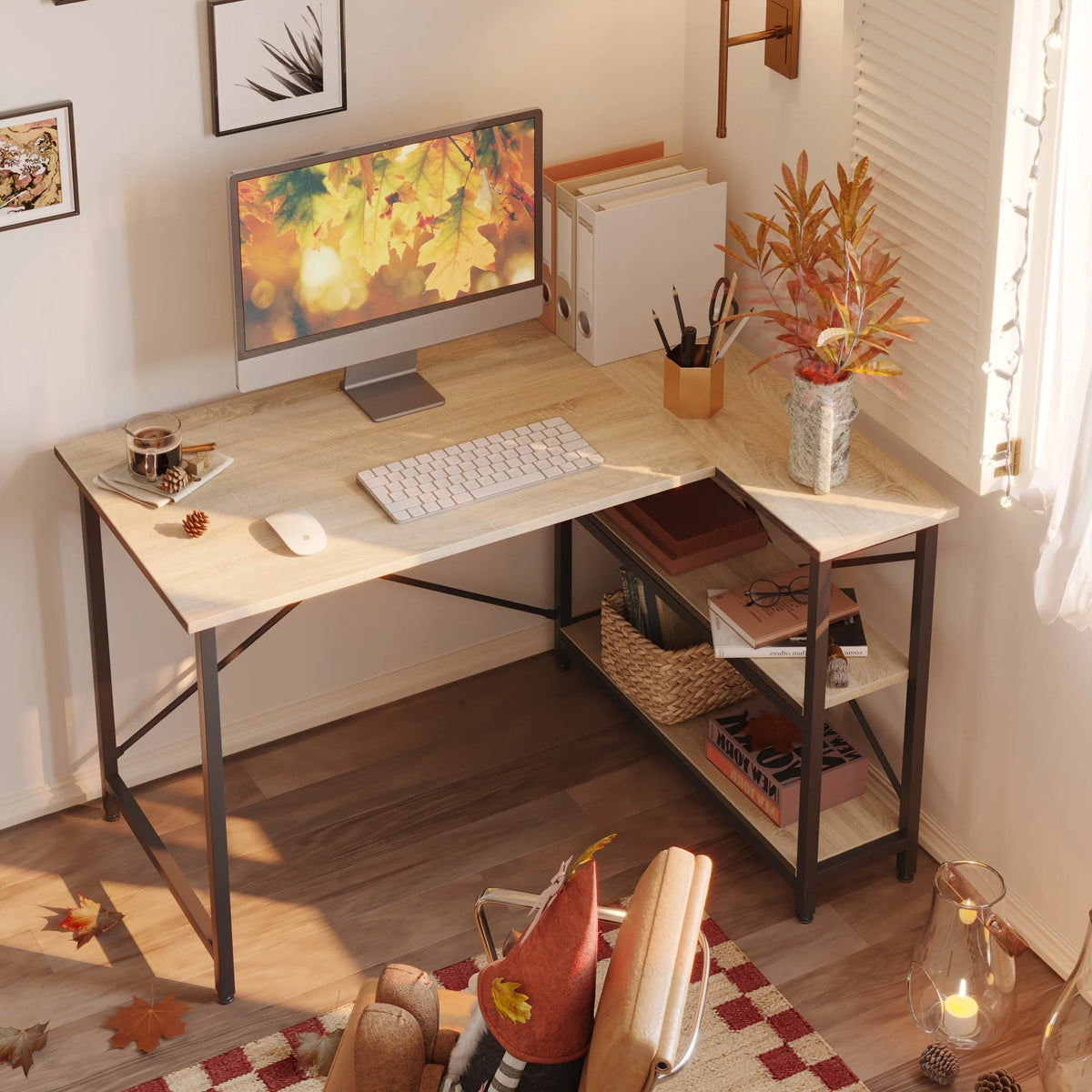 Small L Shaped Computer Desk with Storage Shelves, Compact Corner Workstation for Home Office and Study