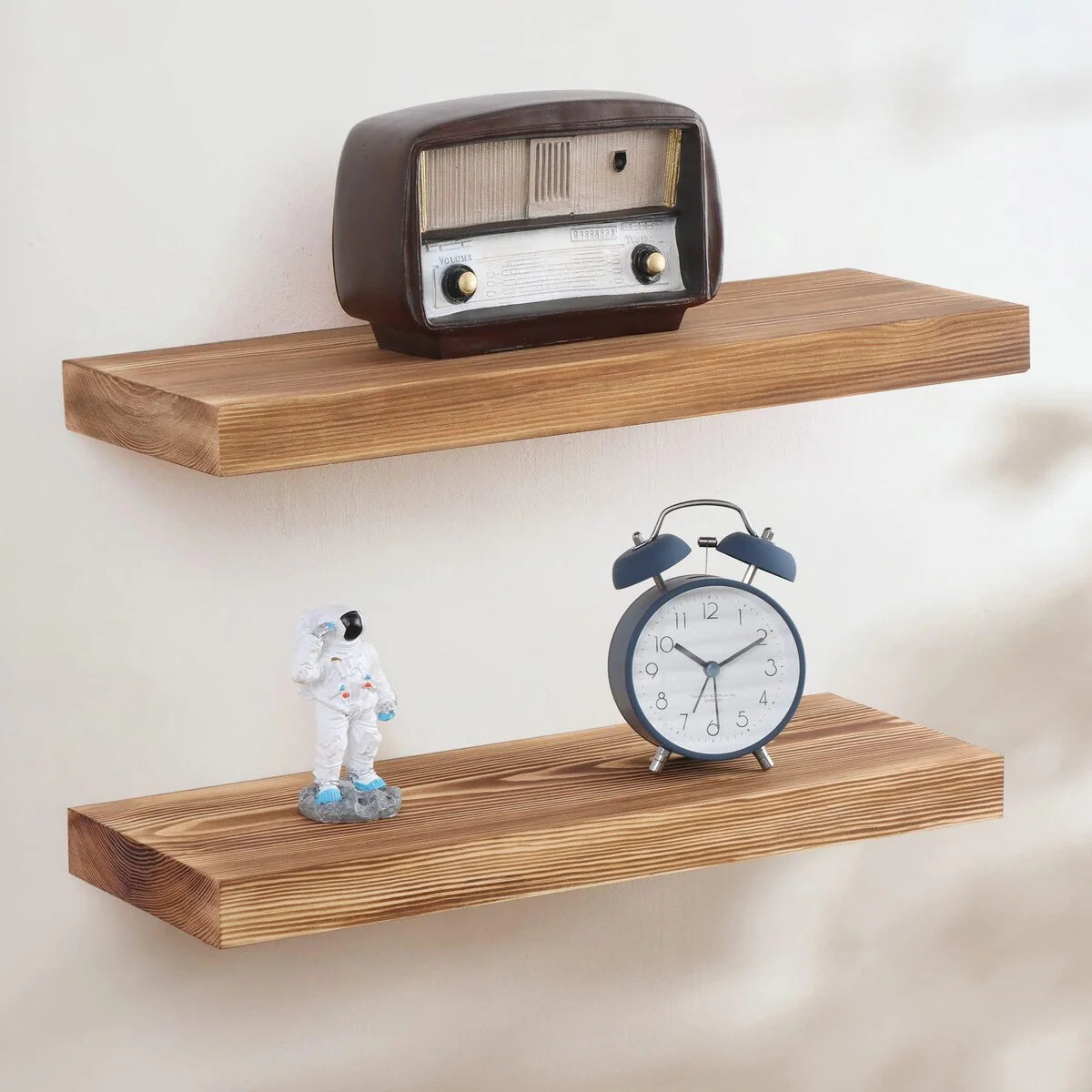 Set of 2 Handcrafted European Pine Floating Wall Shelves, Natural Rustic Wood