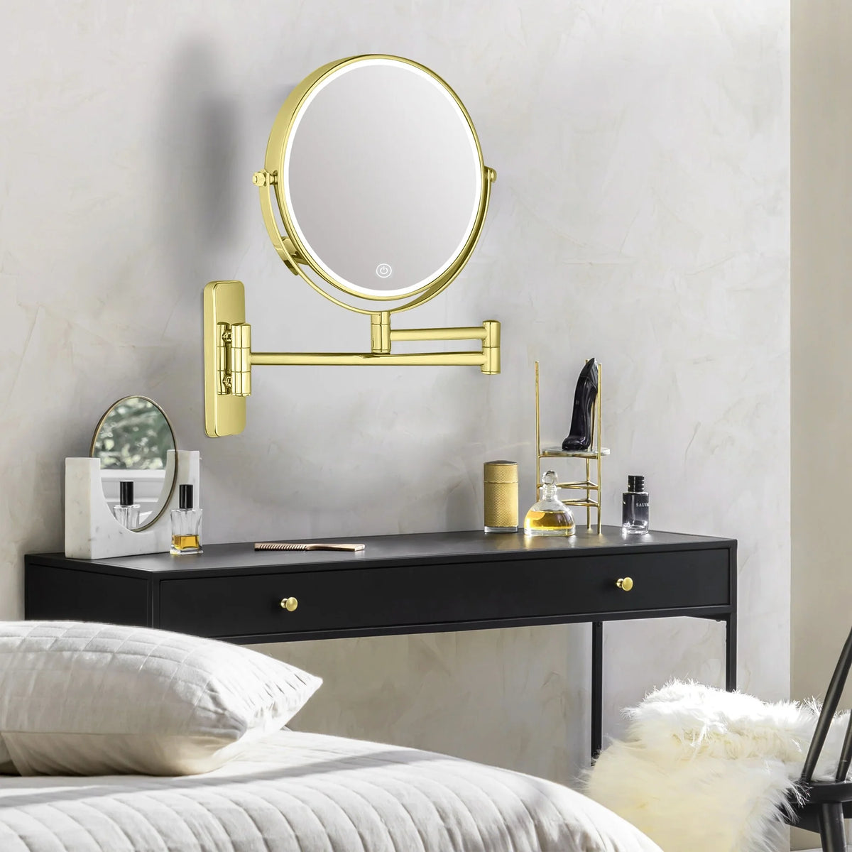 8 Inch Round Wall Mounted Makeup Mirror, Rechargeable, 1X/10X Magnification, 3-Color LED Lights