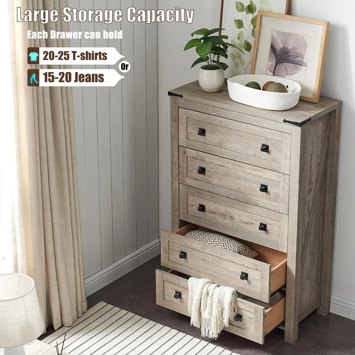 48 Inch Tall Farmhouse Wood Dresser, 5 Drawer Chest of Drawers for Bedroom