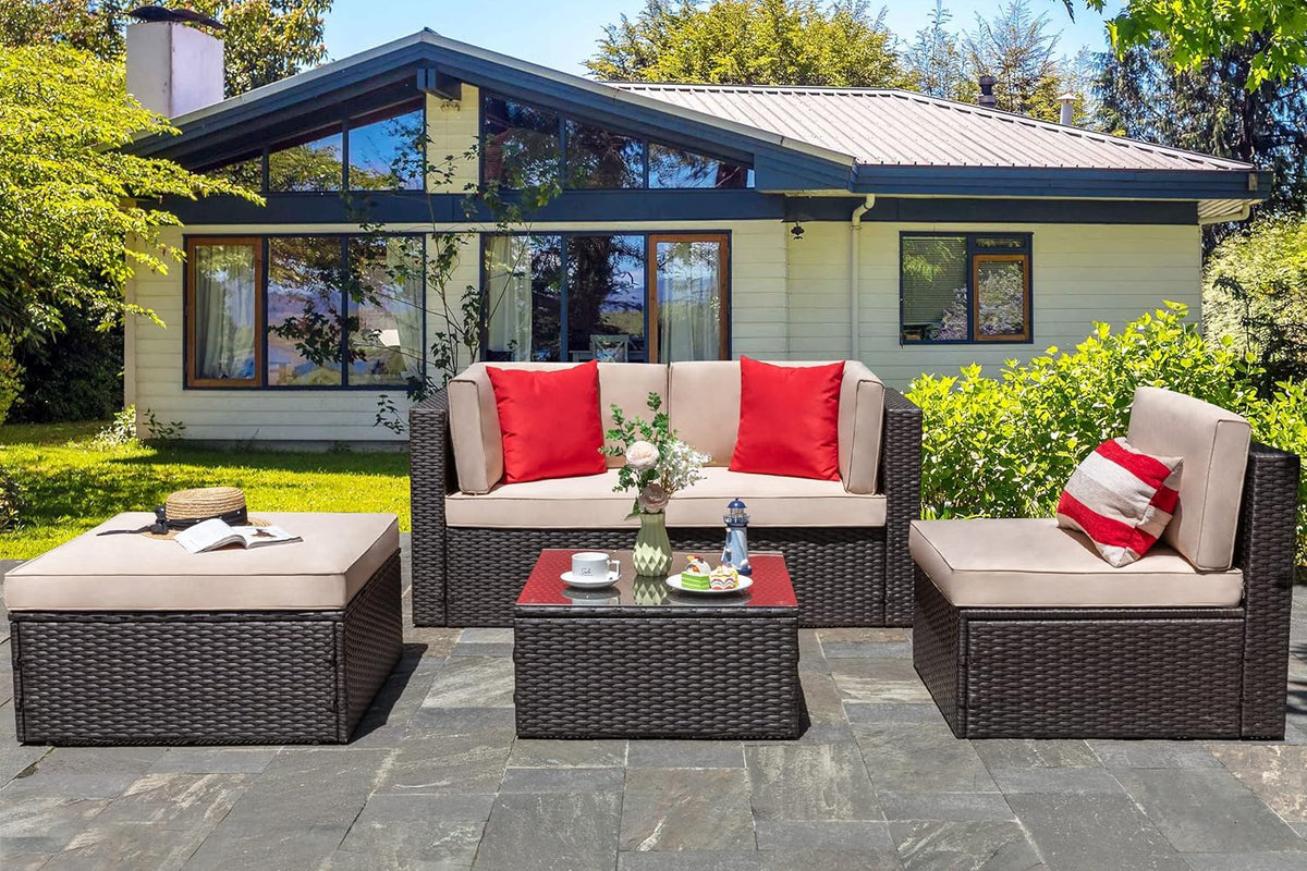5-Piece All-Weather Patio Furniture Set with Ottoman, Outdoor Wicker Conversation Sofa Set with Cushions for Garden, Deck & Backyard