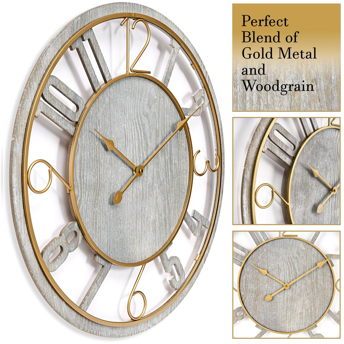 24 Inch Round Wooden Wall Clock, Modern Analog Clock with Numeral Design, Battery Operated