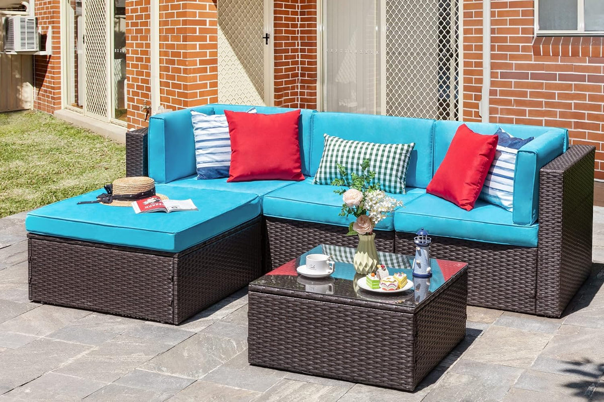 5-Piece All-Weather Patio Furniture Set with Ottoman, Outdoor Wicker Conversation Sofa Set with Cushions for Garden, Deck & Backyard