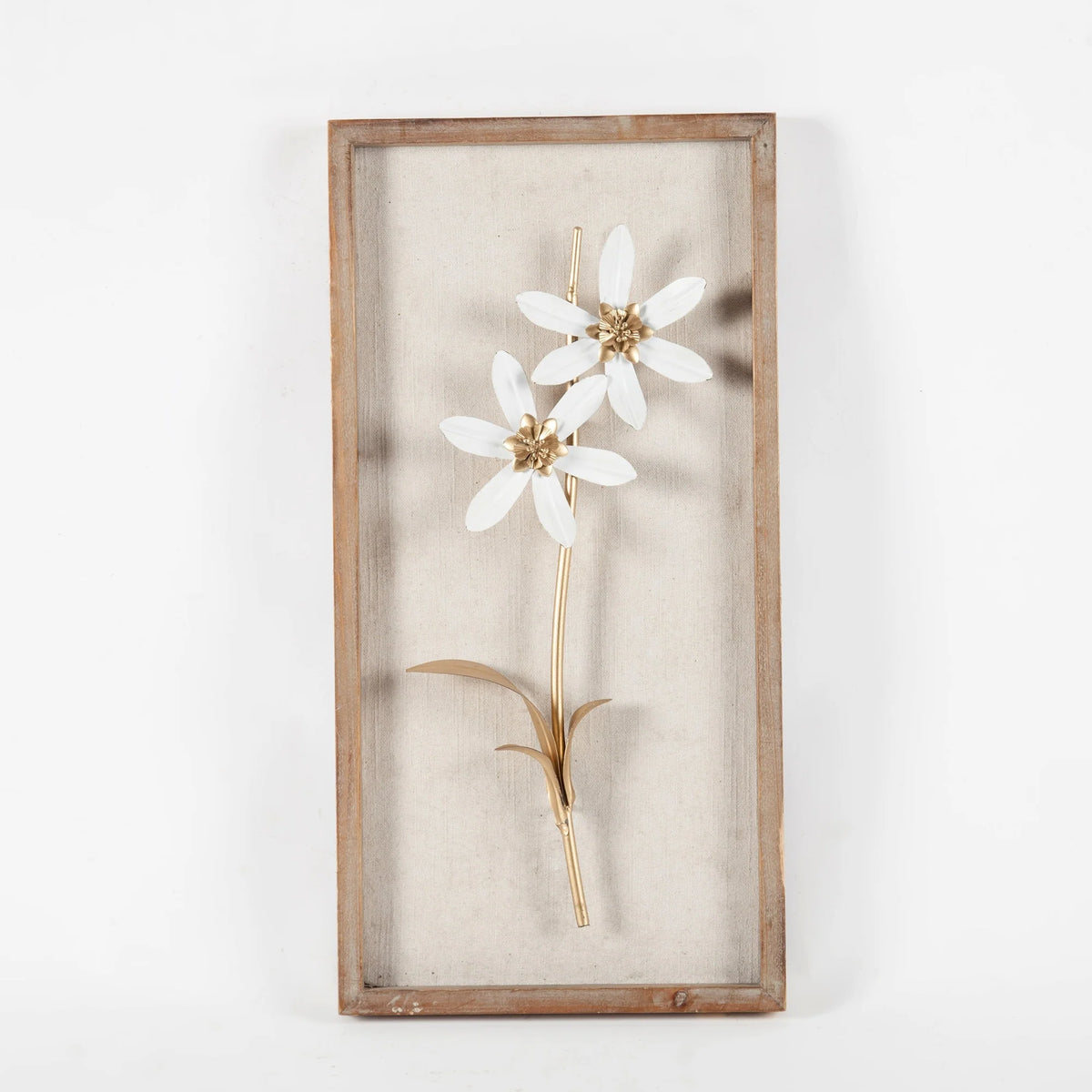 Set of 2 White and Gold Metal Flower Wall Decor with Wood Frames, Decorative Floral Wall Art