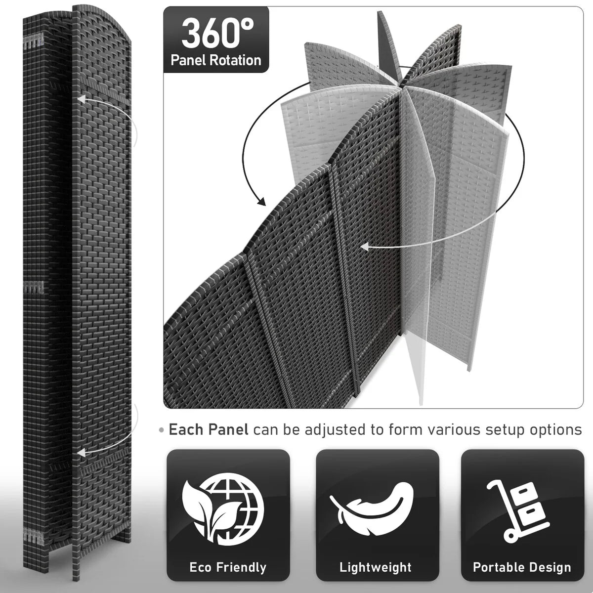 6 Panel Room Divider, 6ft Tall Extra Wide Folding Privacy Screen with Hand-Woven Mesh Panels