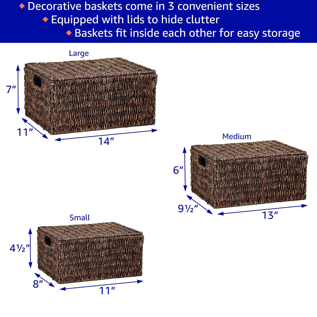Set of 3 Small Rectangular Seagrass Baskets with Lids, Woven Storage Baskets