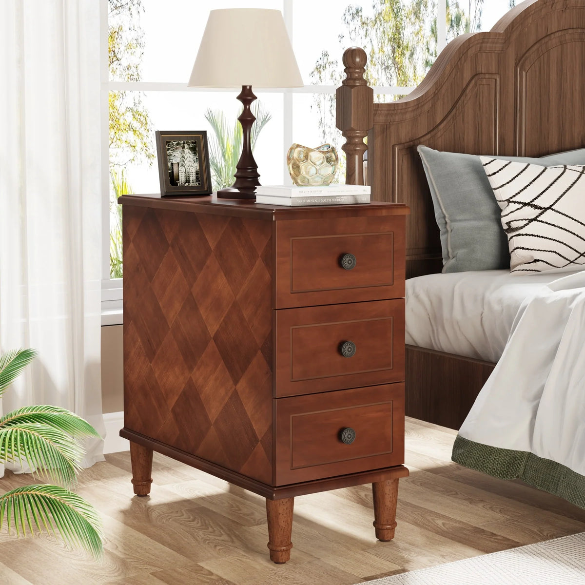 Fully Assembled Narrow End Table, Solid Wood Side Table with 3 Drawers, Vintage Nightstand for Small Spaces