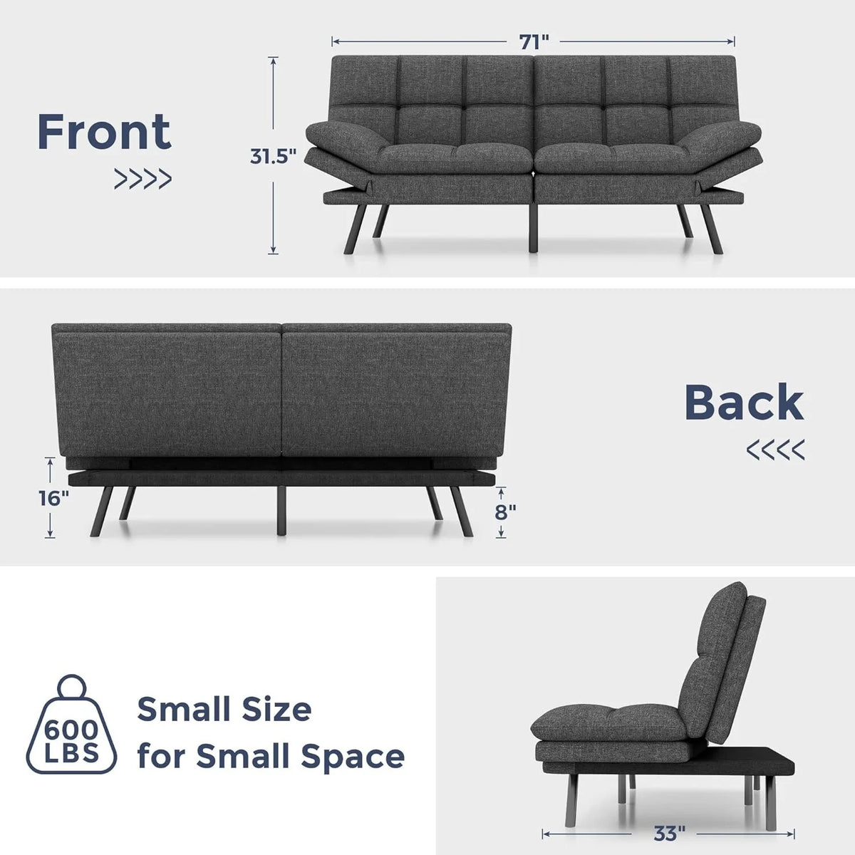 Convertible Futon Sofa Bed with Memory Foam, Foldable Loveseat Sleeper with Adjustable Armrests