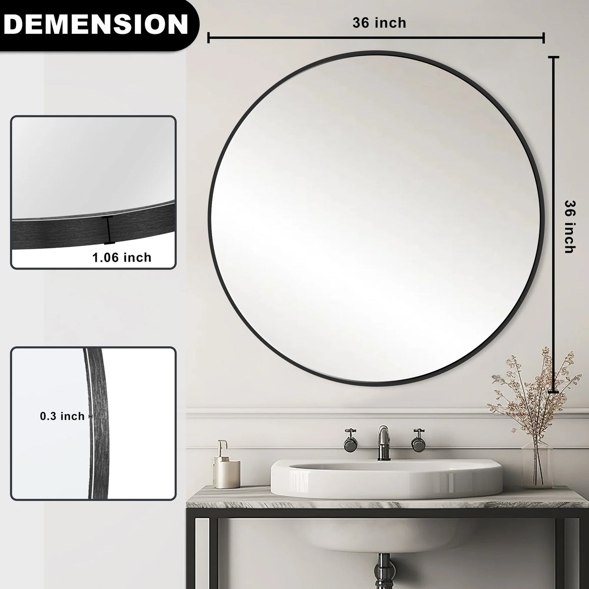 Modern Round Bathroom Vanity Mirror, Wall Mounted Circular Mirror for Bathroom, Bedroom and Home Decor