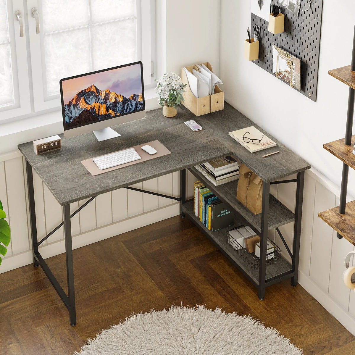 Small L Shaped Computer Desk with Storage Shelves, Compact Corner Workstation for Home Office and Study