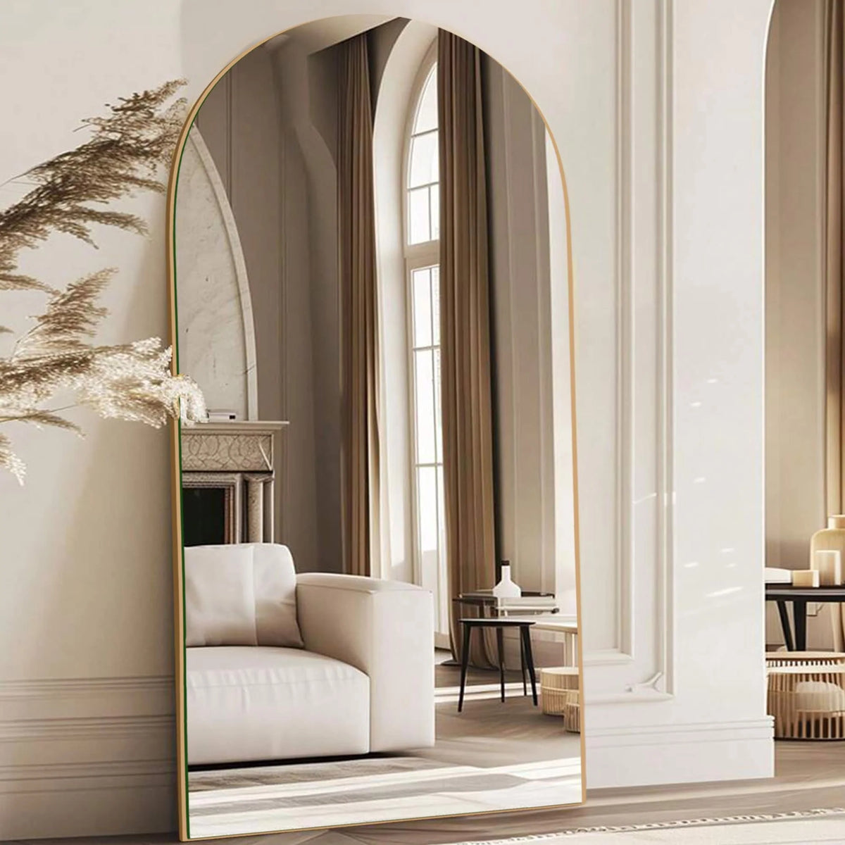 Arched Full Length Wood Floor Mirror, Full Body Standing and Wall Mounted Mirror for Bedroom, Living Room and Home Decor