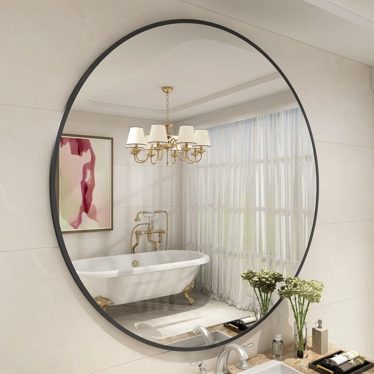 Round Metal Black Frame Bathroom Vanity Mirror, Wall Mounted Decorative Mirror