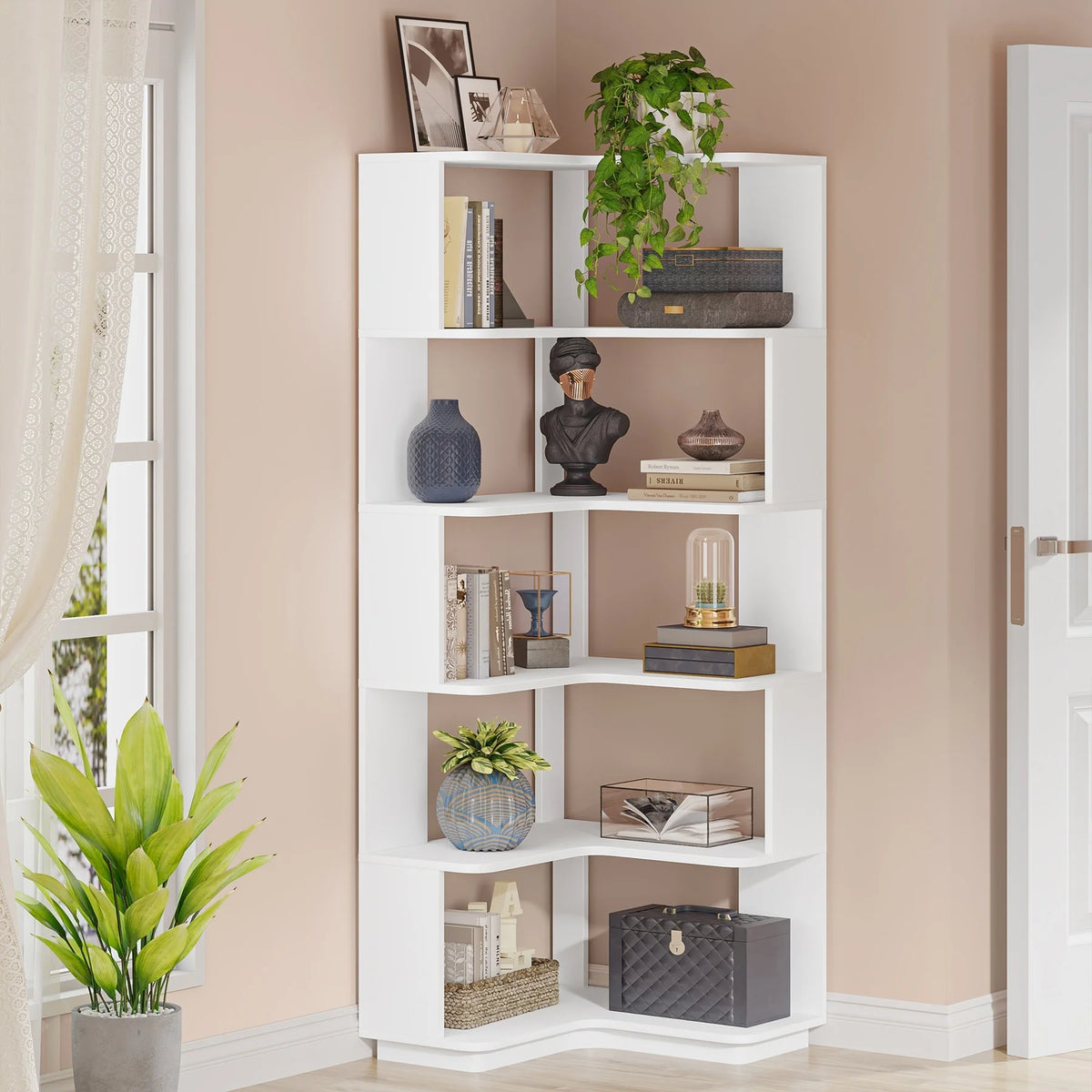 64.9 Inch Tall 6-Tier Corner Bookshelf, Freestanding Wood Industrial Bookcase