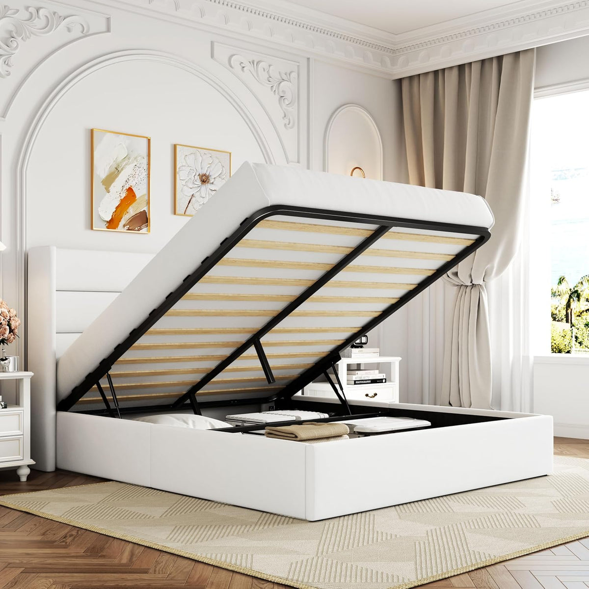 Queen Size Lift Up Storage Bed with Wingback Headboard, Upholstered Platform Bed Frame with Hidden Storage