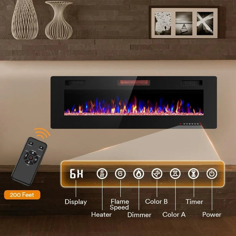 Recessed Electric Fireplace Heater, Wall Mounted 750-1500W Fireplace with Remote Control
