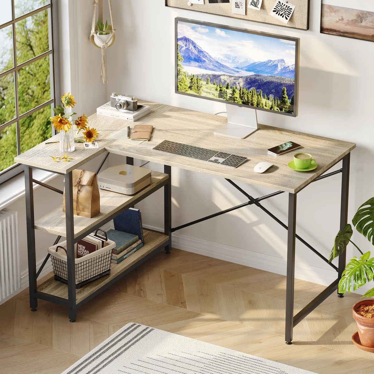Small L Shaped Computer Desk with Storage Shelves, Compact Corner Workstation for Home Office and Study