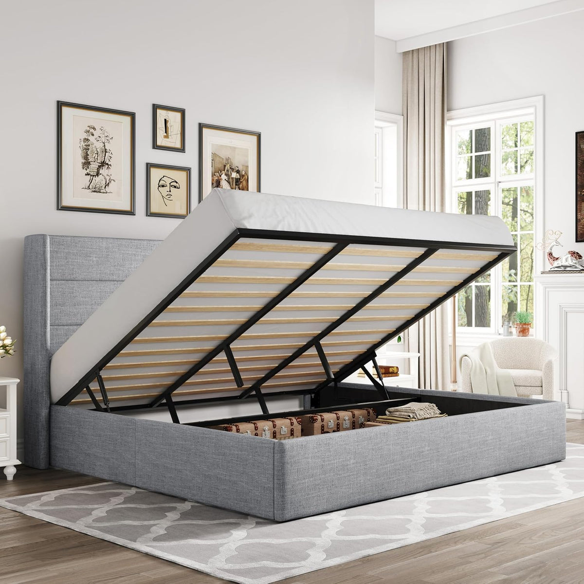 Queen Size Lift Up Storage Bed with Wingback Headboard, Upholstered Platform Bed Frame with Hidden Storage