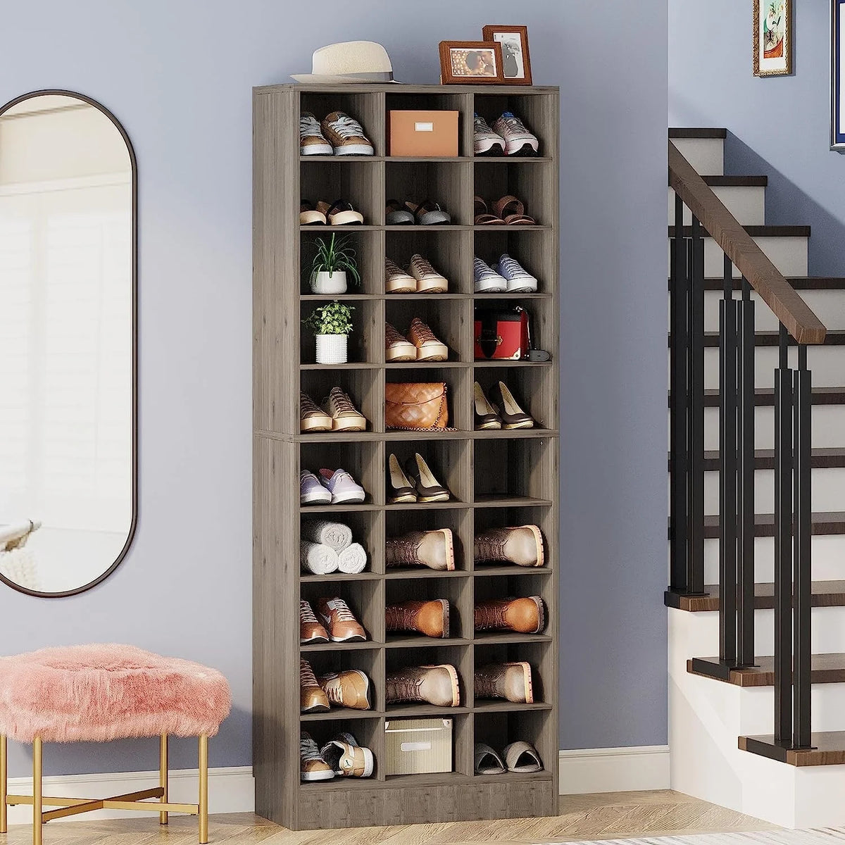 10-Tier Tall Shoe Cabinet, 30-Pair White Wood Shoe Storage Rack for Entryway and Closet