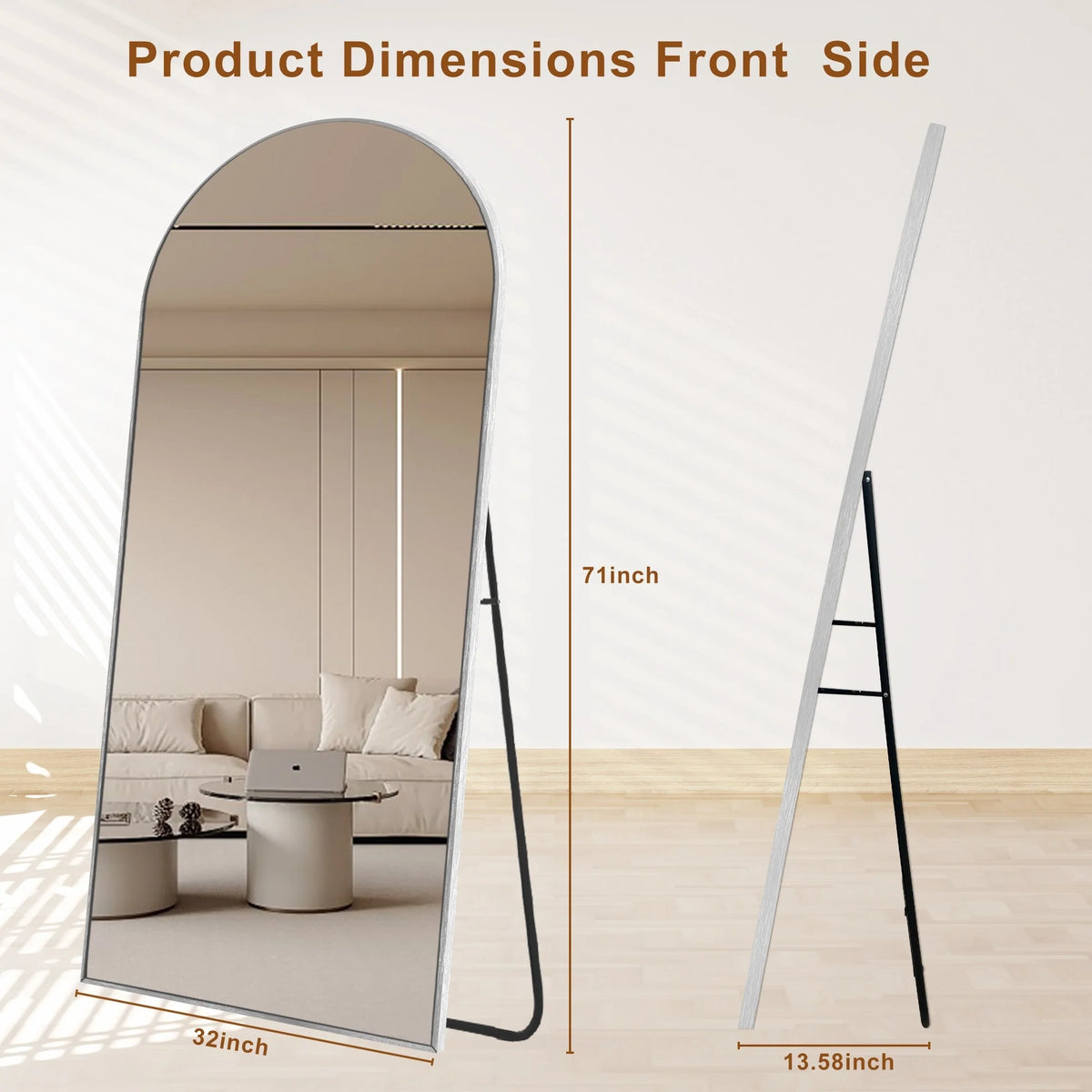 Modern Arched Full Length Floor Mirror, Aluminum Alloy Frame Standing Full Body Mirror