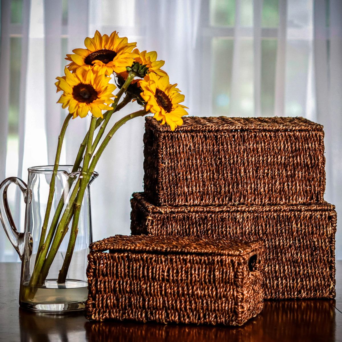 Set of 3 Small Rectangular Seagrass Baskets with Lids, Woven Storage Baskets
