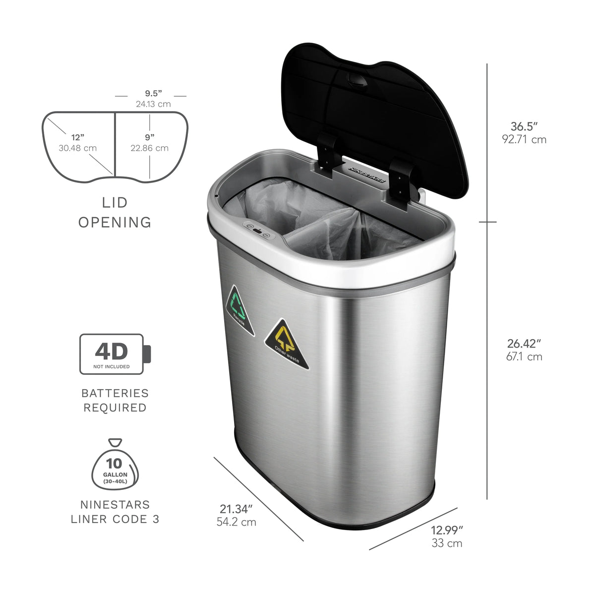 18 Gallon Dual Compartment Motion Sensor Trash Can, Automatic Hands-Free Kitchen Garbage Bin