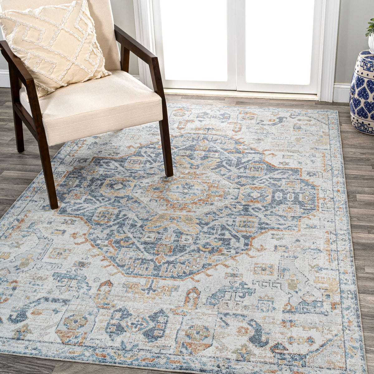 Bohemian Medallion Low-Pile Machine-Washable Area Rug, Cream and Terra