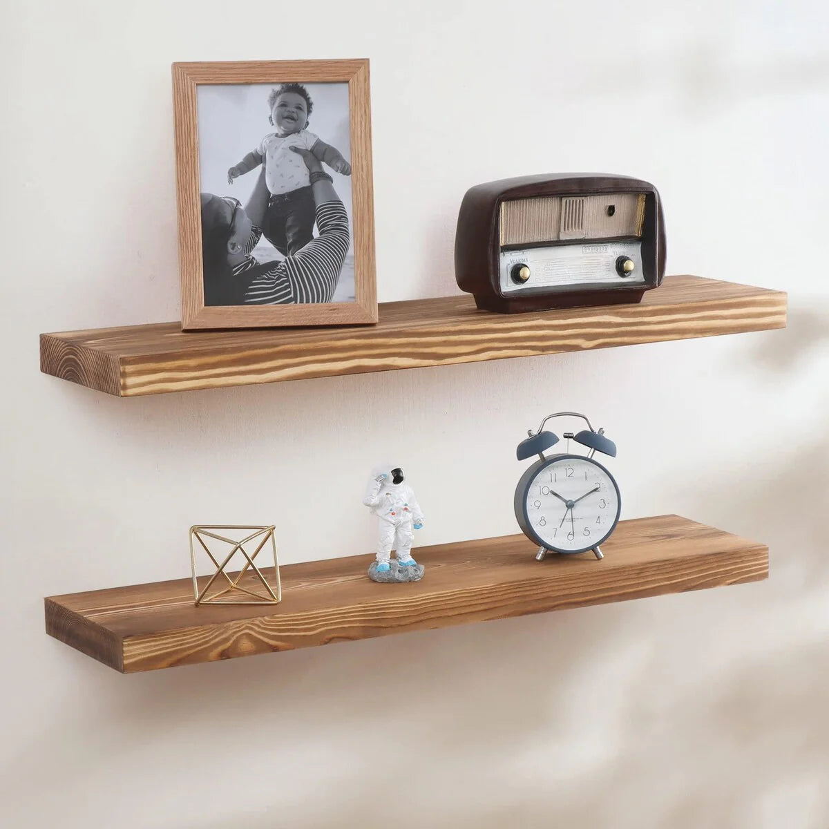 Set of 2 Handcrafted European Pine Floating Wall Shelves, Natural Rustic Wood