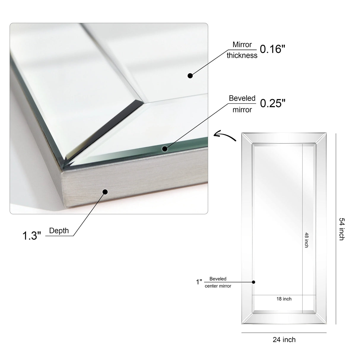 Beveled Rectangular Clear HD Wall Mirror, Bathroom Vanity and Bedroom Mirror, 3 Sizes
