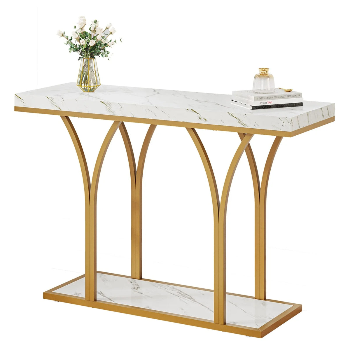 Modern Gold Console Table with Marbled Top, Sofa Table for Entryway and Hallway