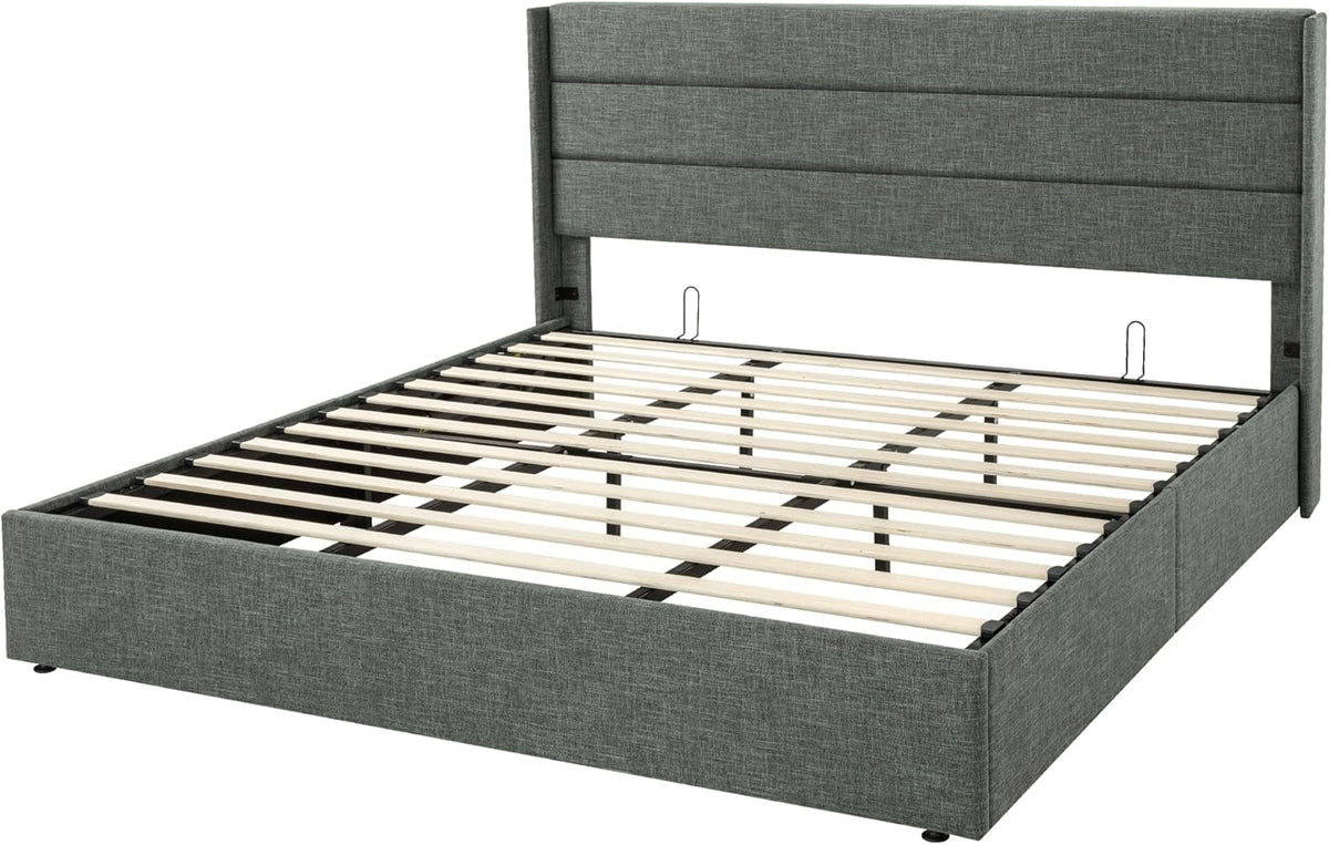 Queen Size Lift Up Storage Bed with Wingback Headboard, Upholstered Platform Bed Frame with Hidden Storage