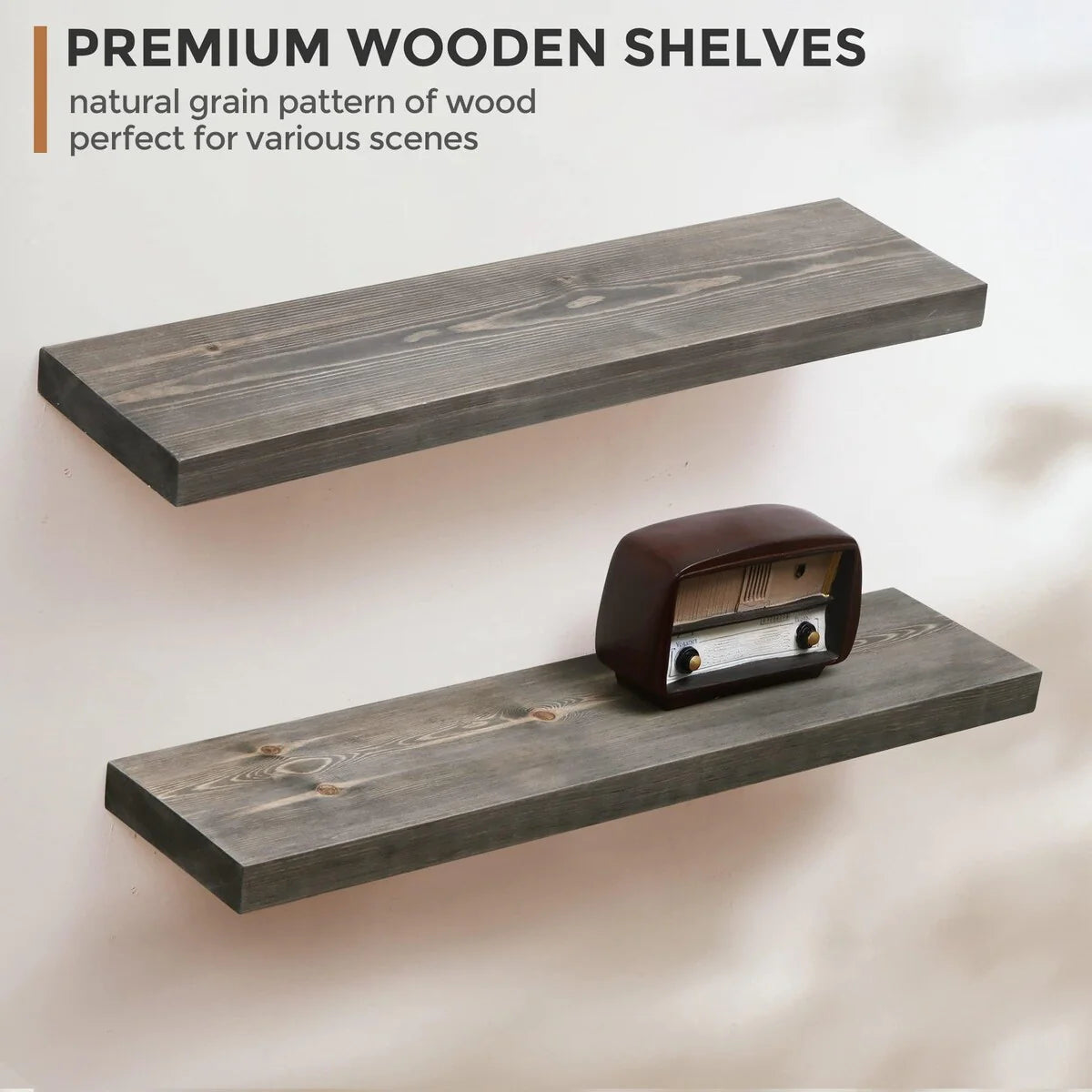 Set of 2 Handcrafted European Pine Floating Wall Shelves, Natural Rustic Wood