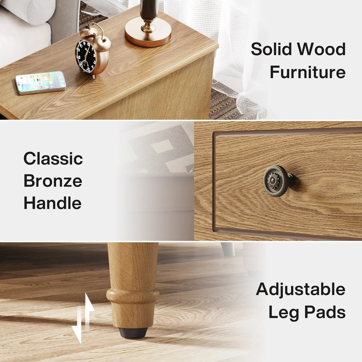 Fully Assembled Narrow End Table, Solid Wood Side Table with 3 Drawers, Vintage Nightstand for Small Spaces