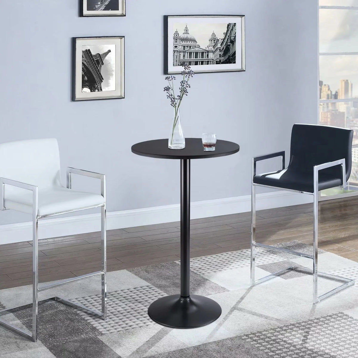 Round Bistro Pub Table, Bar Height Cocktail Table with Metal Base and MDF Top, 23.8 Inch