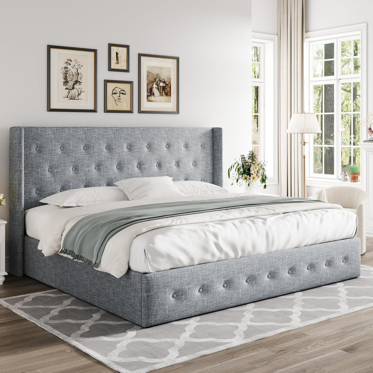 Queen Size Lift Up Storage Bed with Wingback Headboard, Upholstered Platform Bed Frame with Hidden Storage