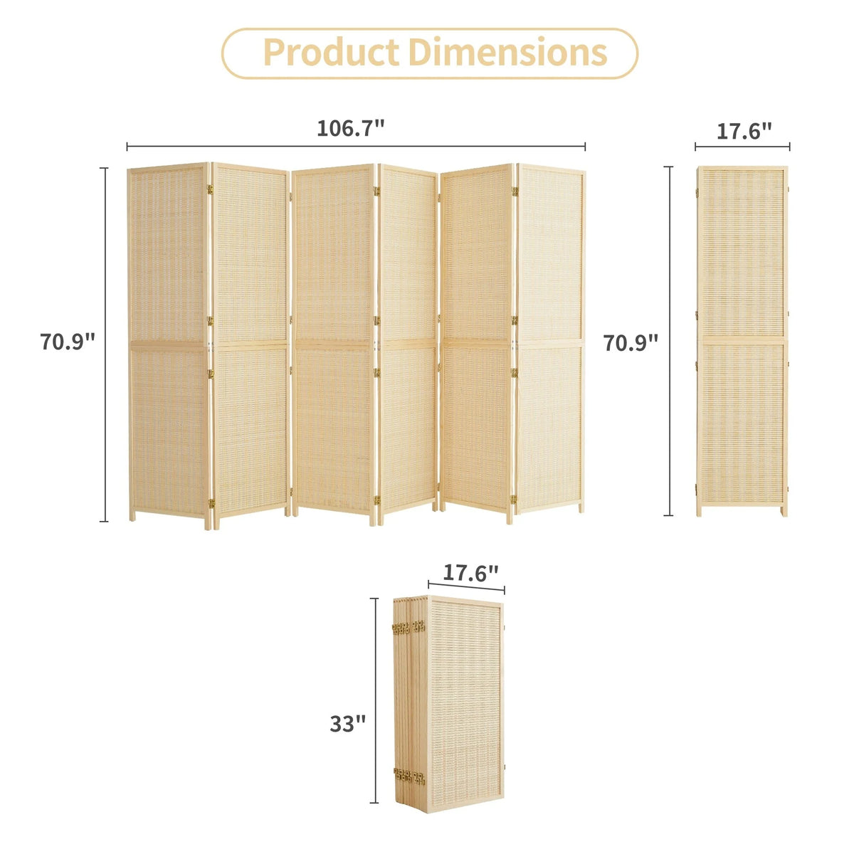 4-Panel Bamboo Folding Partition Screen 6FT Detachable Room Divider