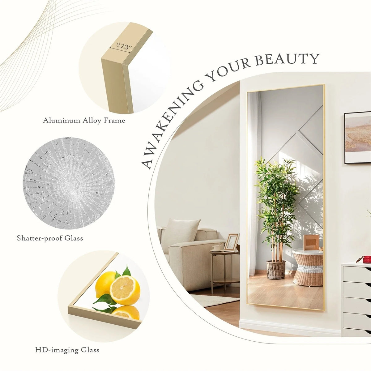 Full Length Mirror with Stand, Aluminum Alloy Frame Full Body Floor Mirror for Bedroom and Cloakroom