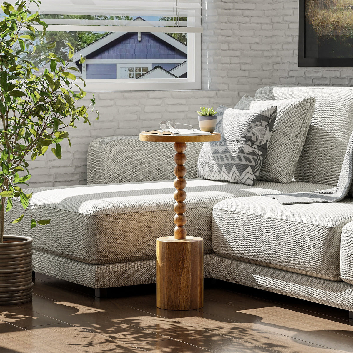 Wood Pedestal End Table, Round Martini Drink Table for Small Spaces, Living Room and Bedroom